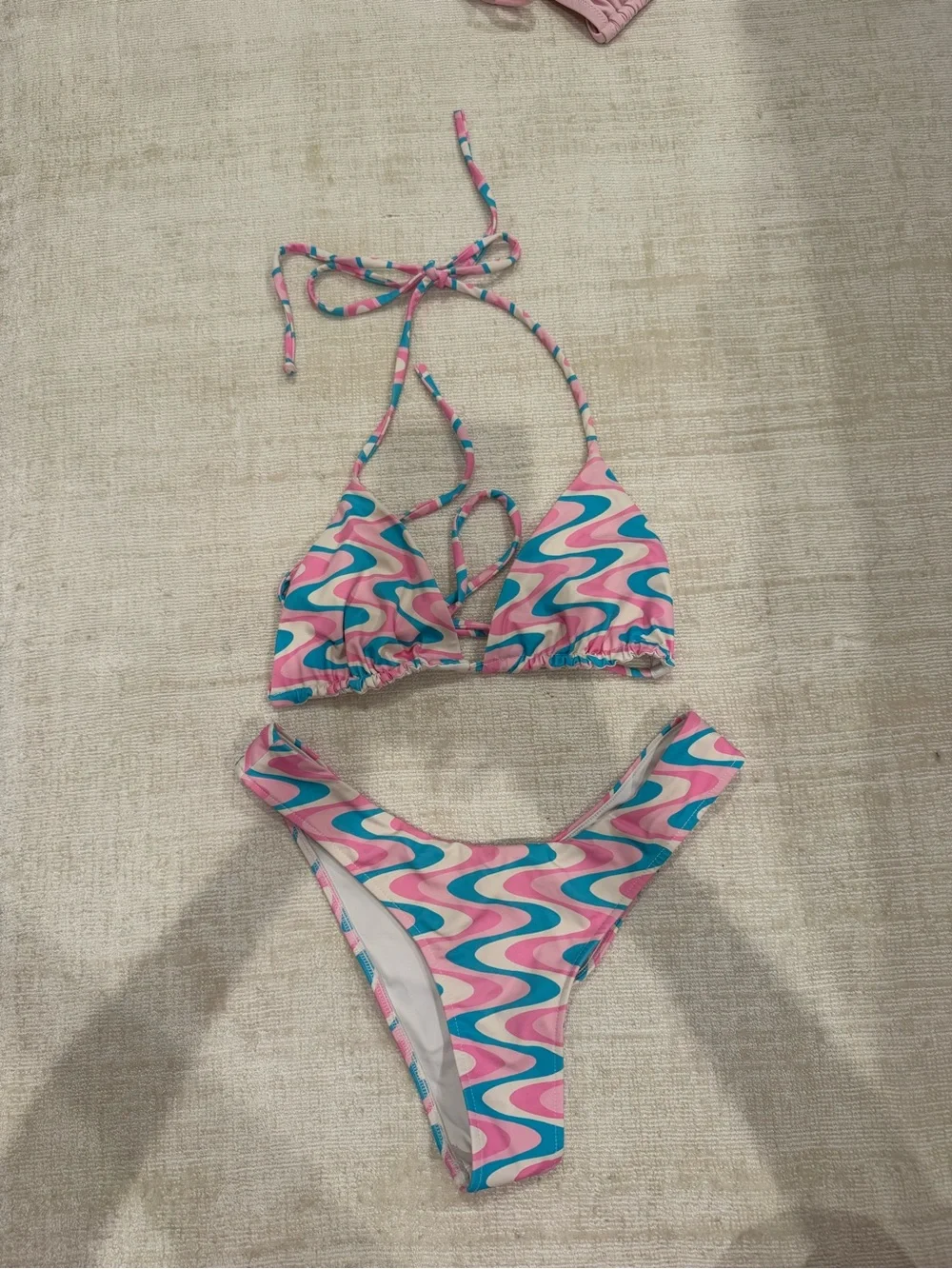 Pink & Teal Wave-Print Bikini Top and Bottom